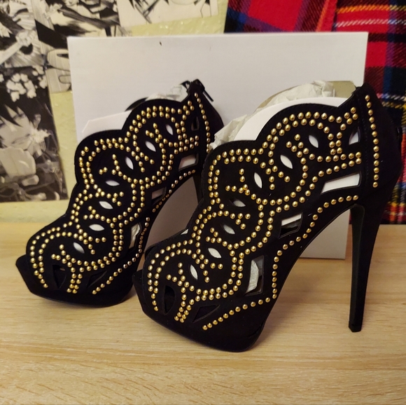 JUSTFAB "JASLEEN" black and gold suede ankle booties. size 7.5 womens. - Picture 3 of 6